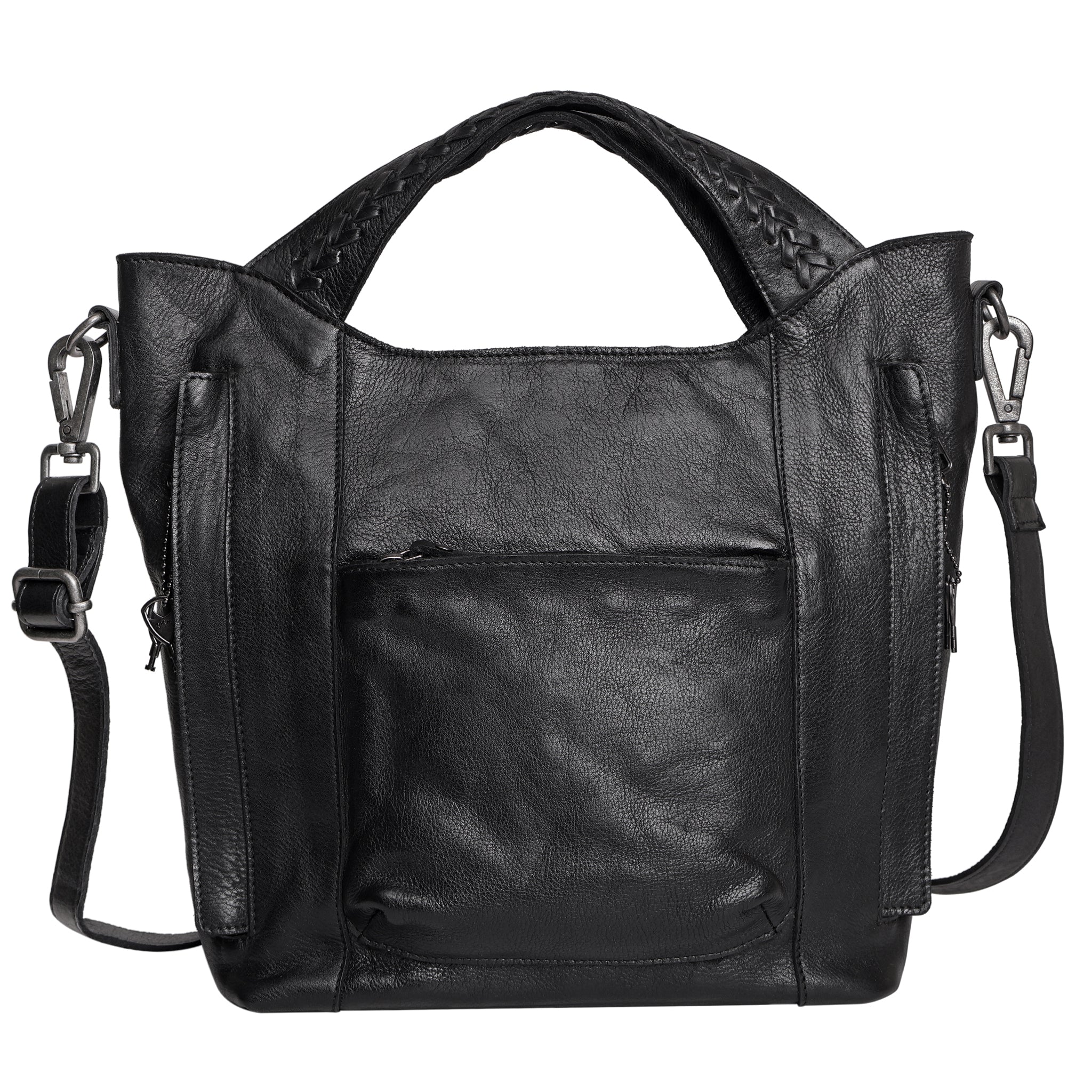 Black full-grain leather Ava concealed carry tote crossbody bag by Confident Conceal