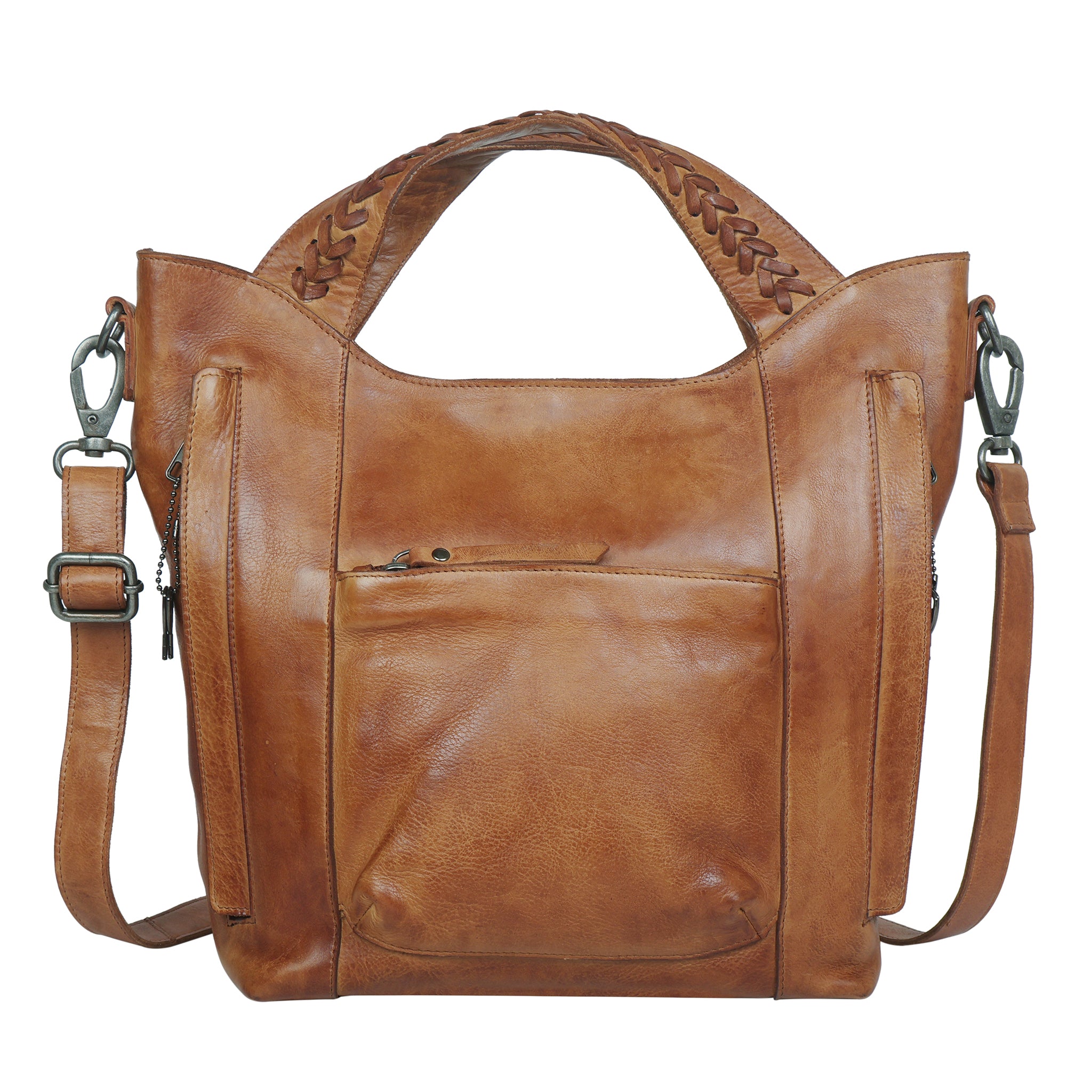 Cognac full-grain leather Ava concealed carry tote crossbody bag by Confident Conceal