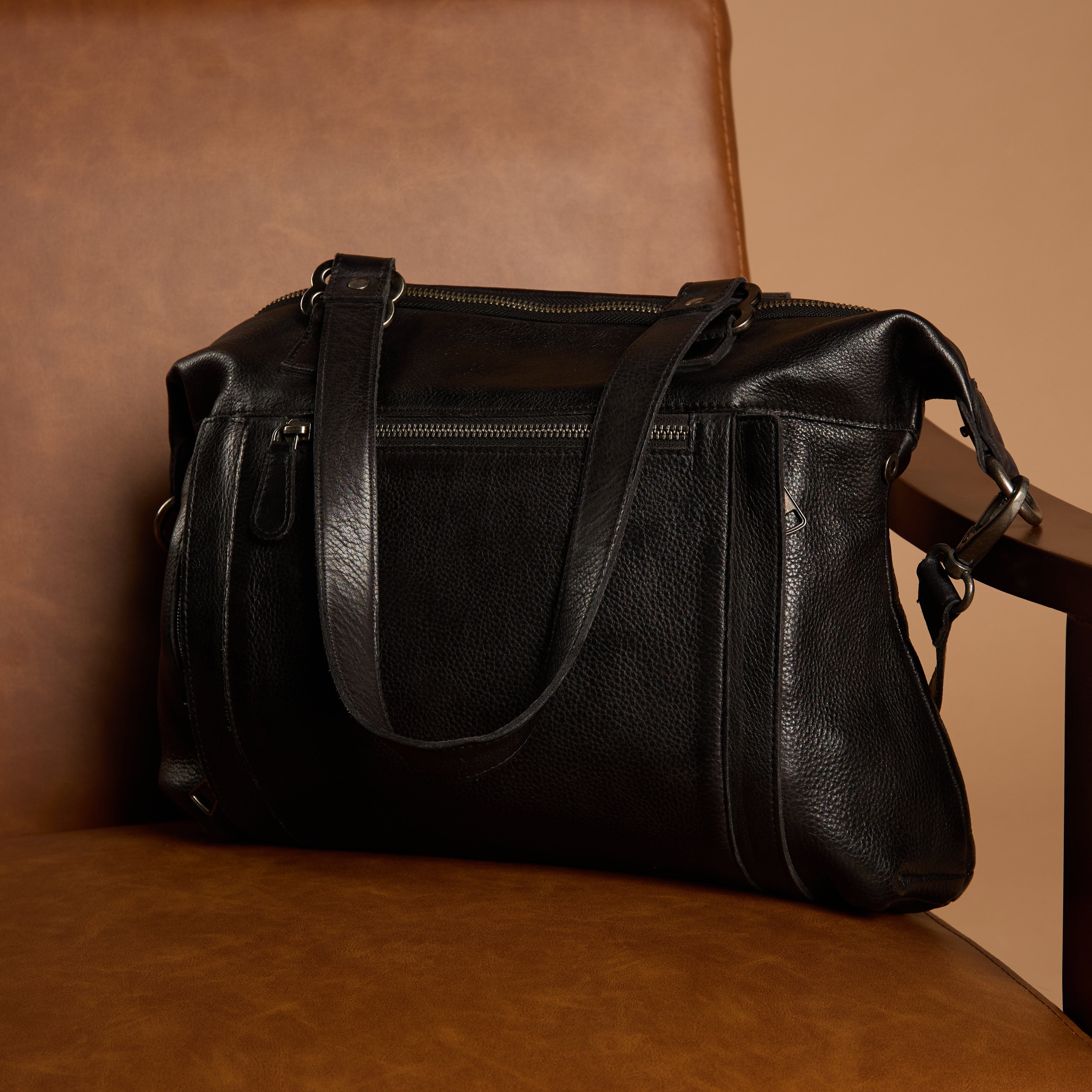 Black full-grain leather Athena concealed carry tote bag by Confident Conceal