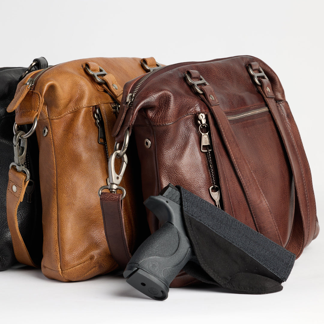 Black, cognac, and brown full-grain leather Athena concealed carry tote bags by Confident Conceal