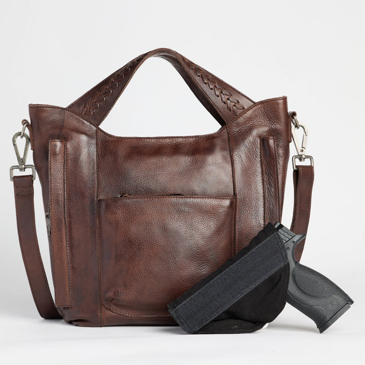 Brown full-grain leather Ava concealed carry tote crossbody bag by Confident Conceal