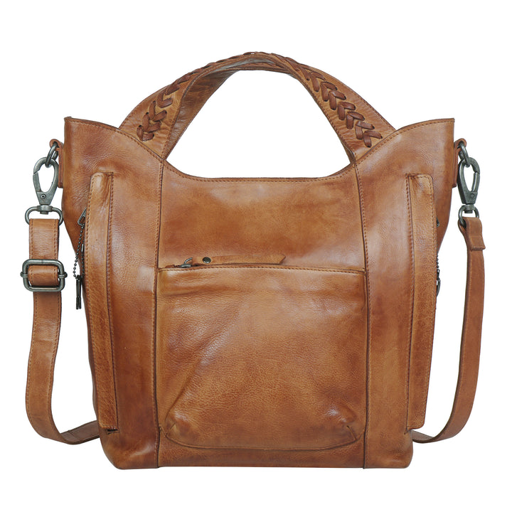 Cognac full-grain leather Ava concealed carry tote crossbody bag by Confident Conceal