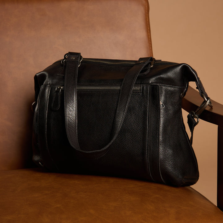 Black full-grain leather Athena concealed carry tote bag by Confident Conceal