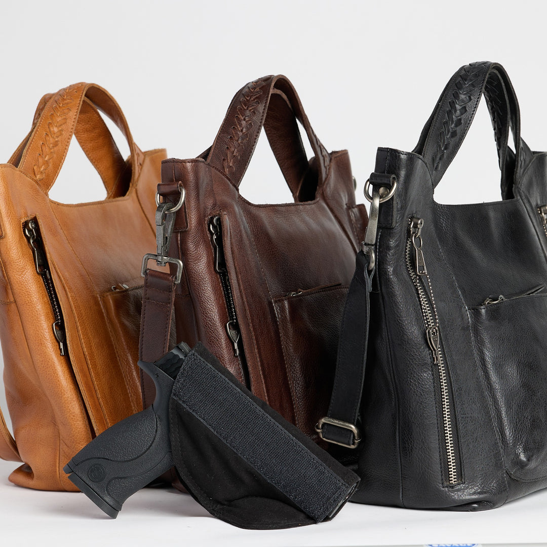 Cognac, black, and brown full-grain leather Ava concealed carry tote crossbody bags by Confident Conceal
