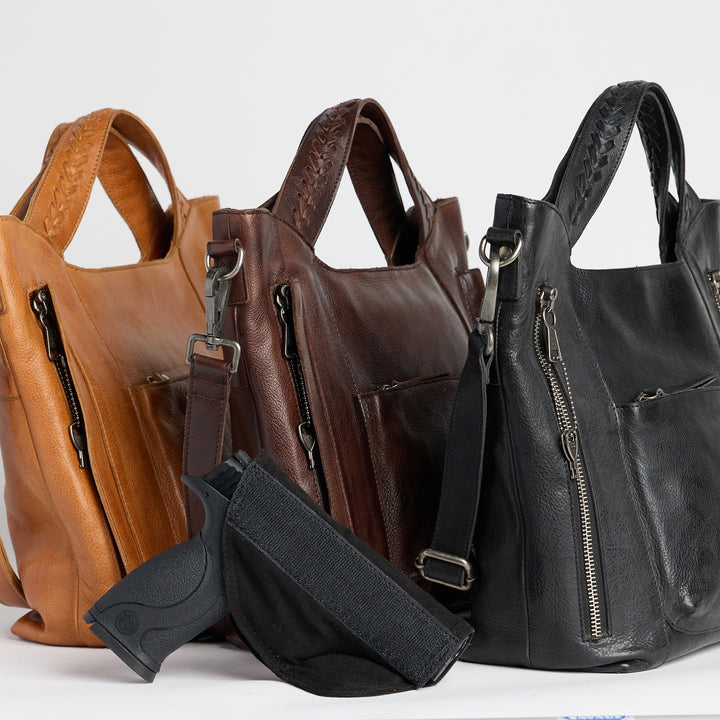 Cognac, black, and brown full-grain leather Ava concealed carry tote crossbody bags by Confident Conceal