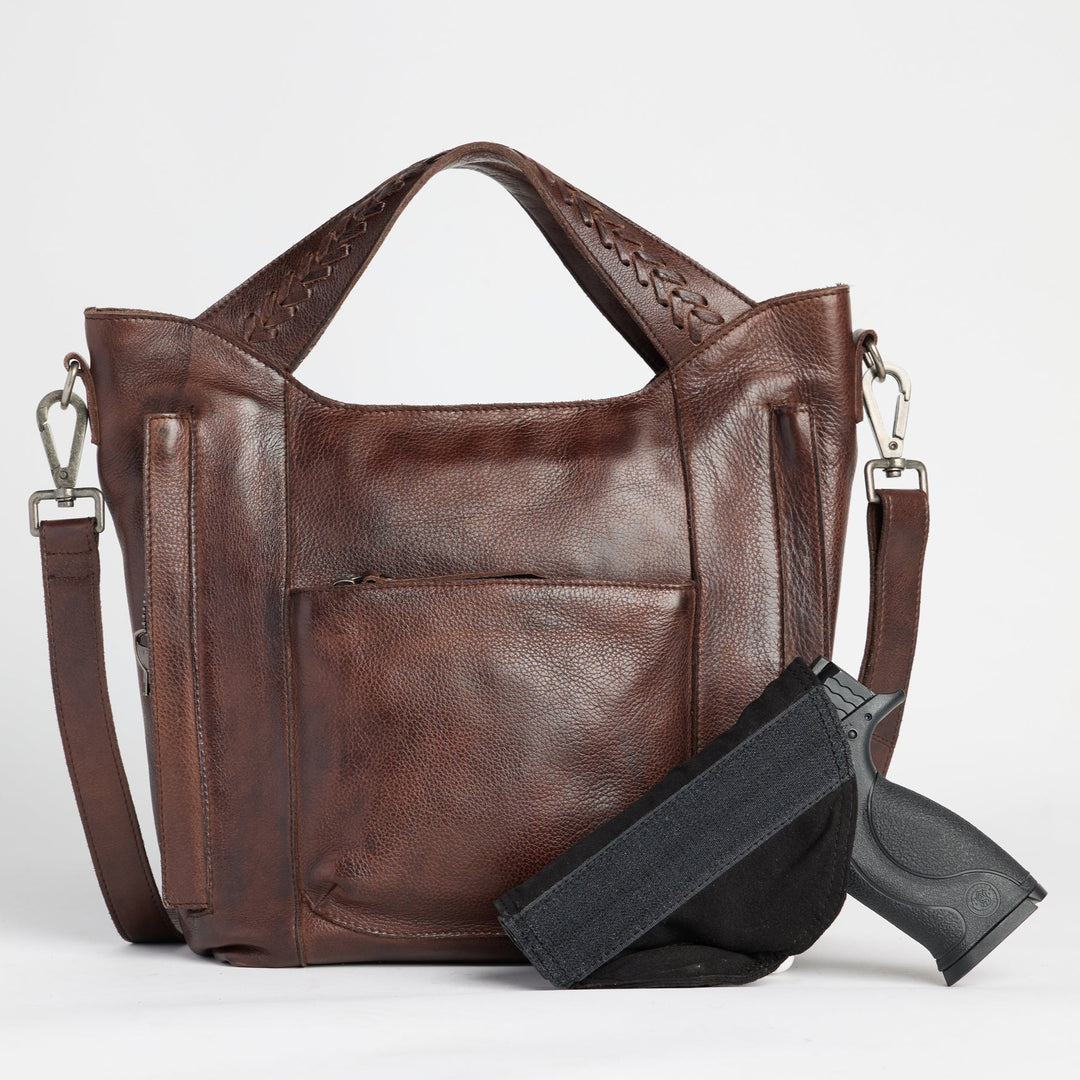 Brown full-grain leather Ava concealed carry tote crossbody bag by Confident Conceal