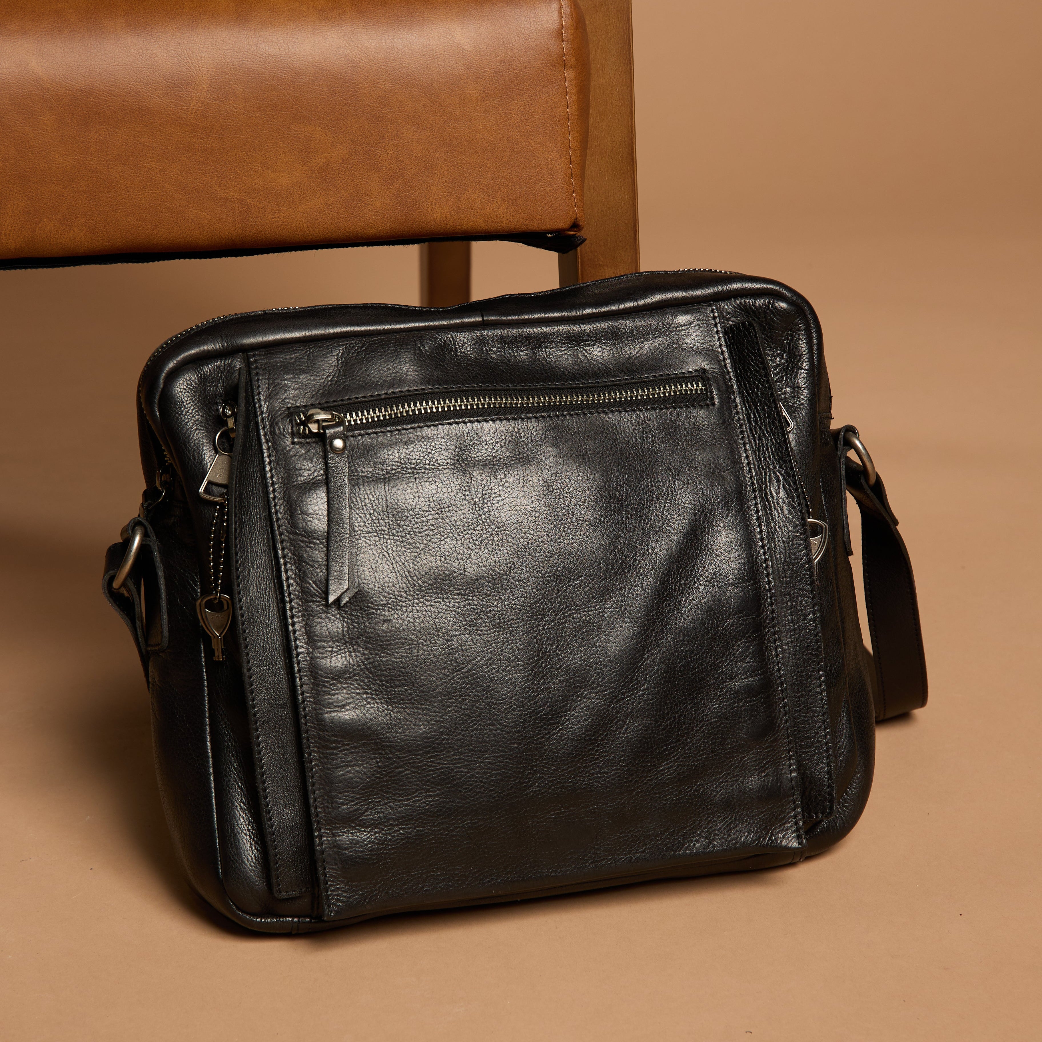 Black full-grain leather Jessie concealed carry tote bag by Confident Conceal