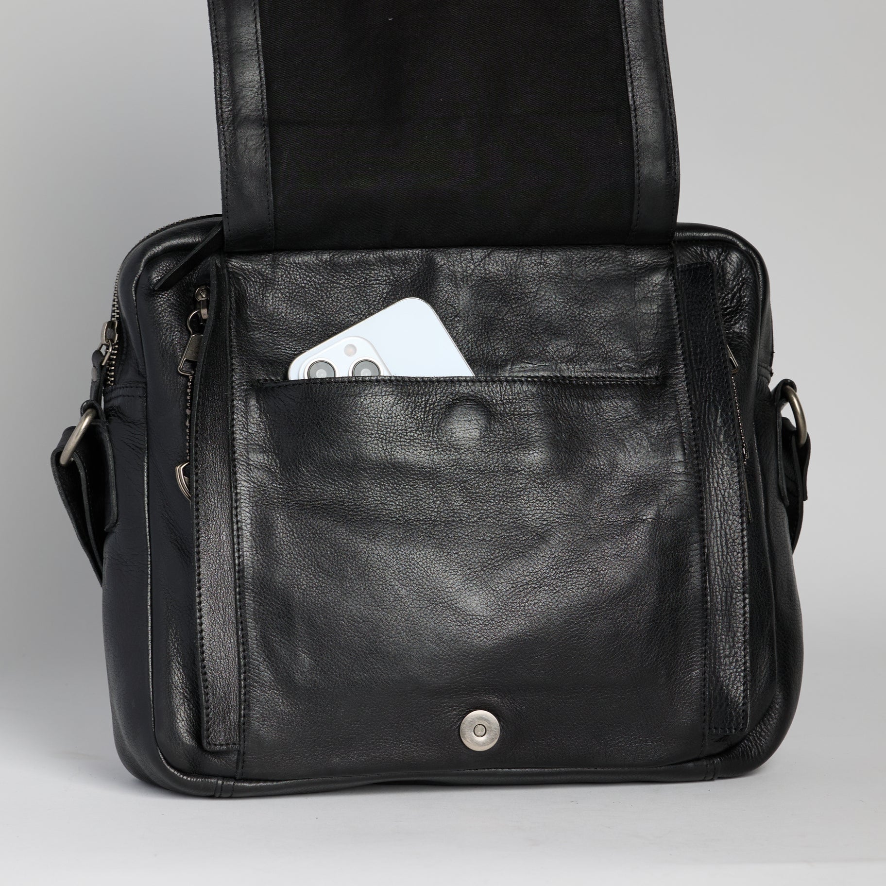 Black full-grain leather Jessie concealed carry tote bag by Confident Conceal